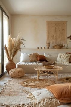 a living room filled with lots of furniture and pillows on top of a rug next to a window