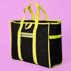 "A spacious, multi-functional bag that can attach to your bike and carry everything you need and more. 45cm x 38cm x 18cm  A brand new and exciting addition to the Goodordering range of bike bags. The tote bag format makes this bag unisex and very spacious so it has a huge and generous capacity. Reflective neon yellow strips on the sides of the bag make this high vis and useful especially in the darker months. \"I wanted to design a simple tote bag that could also be attached onto a bicycle pann Simple Tote Bag, Bicycle Panniers, Bike Bags, Neon Bag, Multifunction Bag, Retro Bicycle, Simple Tote, Trolley Bags, Bike Bag