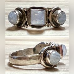 Vintage Designer Sundance Sterling Silver 3 Moonstone Cabochon Ring Size 6 This Beautiful Vintage Ring From Sundance Features Three Natural Moonstones (1 Center Square & 2 Side Round) Set In Sterling Silver With A Bezel Setting. The Opalescent Blue Color Of The Moonstones Gives The Ring A Unique And Classic Beauty That Is Perfect For Any Occasion. The Handcrafted Design And Attention To Detail Make This Ring A True Work Of Art. With Its Round Shape And Cabochon Main Stone, It Is A Cocktail Ring That Is Sure To Catch The Eye. This Ring Is Perfect For Anyone Who Loves Unique And Designer Jewelry That Is Also Vintage. A45 Sundance Jewelry, Beautiful Rings Vintage, Cabochon Ring, Handcrafted Artisan Jewelry, Vintage Designer, Vintage Ring, Moon Stone, Cocktail Ring, Designer Jewelry