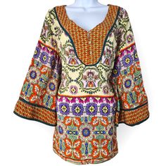 Nwot Anthropologie Trinity Peasant Tunic Shirt 100% Silk Womens Large Purple Pink Orange Green White & Blue Indian Boho Tunic Shirt, Blouse Top, Pink Orange, Silk Blouse, White Blue, Pink And Orange, Anthropologie, Top Blouse, Womens Tops