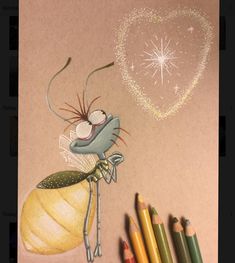 a drawing of a cartoon character holding a star in his hand with colored pencils nearby