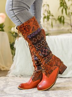 Orange Witchy Outfits, Reindeer Headband, Custom Boots, Leather Tie, Knee High Leather Boots, Boot Sandals, Sock Shoes, High Quality Leather, Embossed Leather