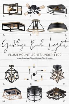 some lights that are hanging on a brick wall with the words goodbye book light flush mount lights under $ 100