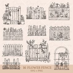 a set of hand drawn flowers and fences