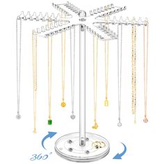 a jewelry stand with many different necklaces hanging from it's sides and an arrow pointing