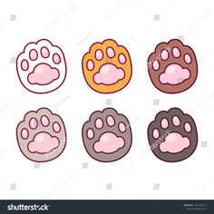 four different colored paw prints on a white background, one is pink and the other is brown