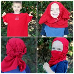 four pictures of a young boy wearing a red bandana