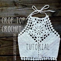 the crochet crop top is shown on a wooden surface with text overlay