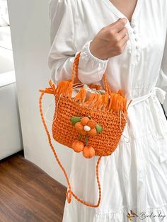 BirdinBag - Versatile Floral & Woven Bucket Bag: Stylishly Transforms from Handheld to Shoulder Casual Orange Handheld Shoulder Bag, Casual Orange Handheld Bag, Orange Handheld Beach Bag, Trendy Orange Rectangular Beach Bag, Casual Orange Bucket Crochet Bag, Casual Orange Crochet Bucket Bag, Orange Woven Bags For Daily Use, Orange Rectangular Bucket Bag For Summer, Orange Pouch Bag For Vacation