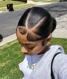 Sleek back hairstyle with dramtic edges. Low bun hairstyle idea. V part bun hairstyle. #hairstyles #sleekstyle #vpart #lowbun #hair Two Braids Into Two Low Buns, Baddie Low Bun, V Part Hairstyle, Natural Low Buns For Black Hair, Back Bun With Edges, V Part Bun, Low Bun Natural Hair, Bun With Edges, Sleek Back Hairstyle