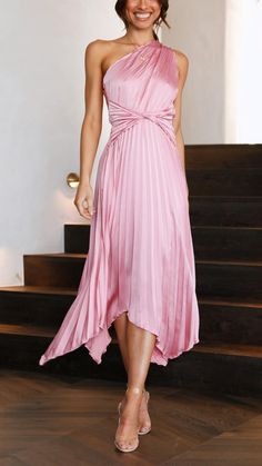 Midi Wedding Guest Dress, Pale Pink Dress, Nightclub Dress, Maxi Dress Sleeveless, One Shoulder Midi Dress, Floor Length Dress, Maxi Styles, Maxi Dress Evening, Pleated Midi Dress