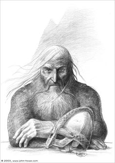 a drawing of an old man with long hair