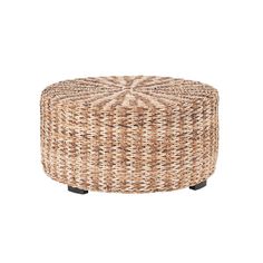 a round wicker ottoman with black legs and an upholstered design on the top