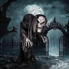 a creepy skeleton standing in the middle of a cemetery with a full moon behind it