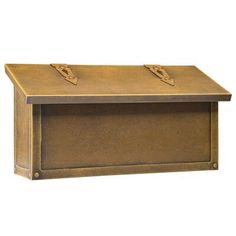 a brown wooden box with two doors on the top and bottom, sitting against a white background