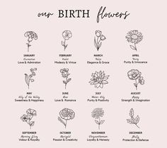 the birth flowers are shown in black and white on a light pink background with text