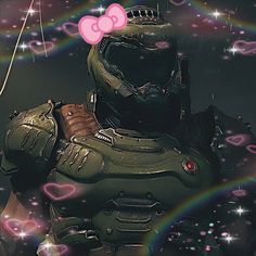 a man in a futuristic suit with a pink heart on his forehead and rainbows behind him