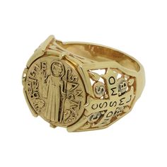 "Solid 14k Gold Handmade Christian Roman Catholic Saint Benedict style men's ring. Christians used St. Benedict symbol (medal) due to the belief in its power against evil \"devil-chasing medal\" Original unique design with beautiful details and amazing art work Rare piece, top quality, best craftsmanship, handmade Excellent new condition, very heavy, stamped 14K, 585 Intricately detailed lines and antique, rustic finish all around 18-19 grams pure 14K gold Top dimensions 20 mm. Top of ring featu Symbolic Yellow Gold Signet Ring For Commemoration, Antique Gold Signet Ring For Commemoration, Gold Antique Signet Ring For Commemoration, Symbolic 14k Stamped Signet Ring Collectible, Gold Symbolic Signet Ring For Commemoration, Symbolic Hallmarked Signet Ring For Commemoration, Symbolic Signet Ring For Commemoration, Yellow Gold Mens Rings, Saint Benedict