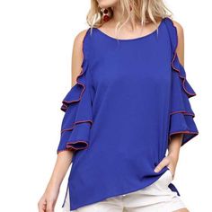 Gorgeous Blue Cold-Shoulder Top With Orange Detailing. Ruffle Detail. Summer Blue Off-shoulder Blouse, Blue Cold Shoulder Tops For Spring, Summer Blue Cold Shoulder Top, Blue Cold Shoulder Summer Top, Blue Cold Shoulder Top For Summer, Blue Off-shoulder Blouse For Day Out, Blue Off-shoulder Top For Brunch, Casual Royal Blue Summer Tops, Blue Off-shoulder Blouse For Brunch