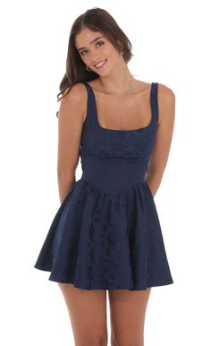 Floral Jacquard Open Back Bow Dress in Navy Day Dresses Formal Short, Short Cute Dresses For School, Grad Date Dress, Winter Foramla Dresses, Short Formal Dress With Flats, Pretty Dresses For A Middle School Dance, Cute Winter Formal Dresses Simple, Winter Semi Formal Dresses Blue, Middle School Damce Dresses