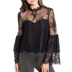 Lace Detailing Back Button Closure Bell Sleeves Mock Neck Partially Lined Black Sheer Blouse Nordstrom, Feminine Black Tops For Fall, Feminine Black Tops For Party, Feminine Black Top For Party, Feminine Black Party Top, Black Sheer Feminine Top, New Blouse Designs, Lace Layers, Couture Mode