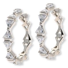 Radiance by Absolute™ 10.14ctw Trilliant Cut Bow Design Hoop Earrings Chic and angular, simulated diamond trilliants bring this loop's bow design to sparkling life. It's a fun and modern way to wear an especially pretty take on the ever-popular hoop.       Each approx. 1-1/16"L x 1/8"W x 1/8"H     Stamped .925 sterling silver; goldtone or rhodium plating; polished finish      Pierced with joint-and-catch closure     Bar and prong settings   Stone Information       All sizes and weights, includin Formal Silver Hoop Earrings With Halo, Luxury Silver Halo Hoop Earrings, Luxury Silver Hoop Earrings With Halo Detail, Luxury Silver Hoop Earrings With Halo, Silver Halo Hoop Earrings For Anniversary, Signature Jewelry, Bow Design, Prong Setting, Jewelry Collection