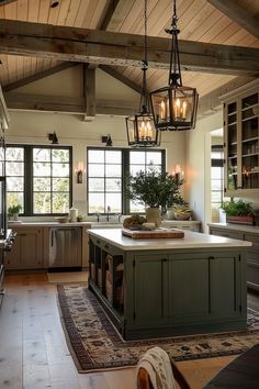 a large kitchen with an island in the middle