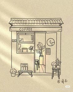 a drawing of a coffee shop with plants in the window