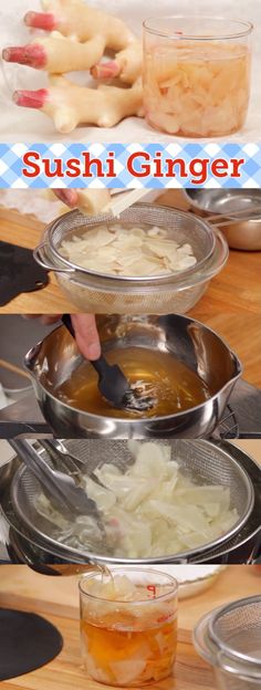 sushi ginger is being prepared and served in bowls