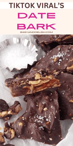 chocolate bark with nuts and sea salt on top in foil wrapper text reads tiktok vrrall's date bark