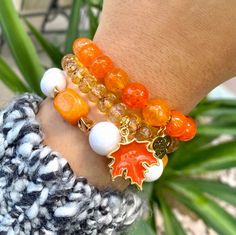 Beaded bracelet stack made with orange Quartzite and Agate Fall Beaded Bracelets, Fall Bead, Bracelet Ideas, Quartz Beads, Fall Accessories, Glass Beaded Bracelets, Bead Bracelets, Candy Gifts, Beaded Stretch Bracelet