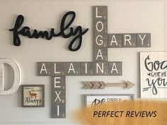 a wall with many different types of signs on it and the words family above them