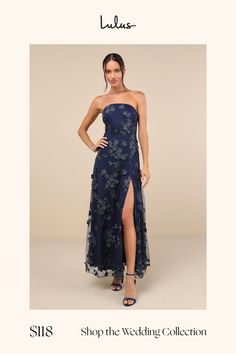 a woman in a strapless blue dress with flowers on it and the words shop the wedding collection