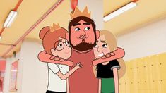 three people standing in a gym with one person wearing a crown and the other holding two children