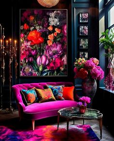 a living room filled with furniture and flowers