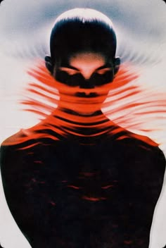 a woman with her eyes closed in front of an image of red and black lines