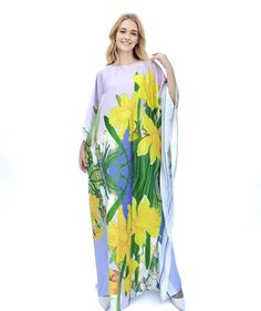 A full length kaftan plus size featured with florals will bring the elegant vibe of Spring and perfect for holiday occasions or any occasion you attend. The fabric is blended silk with more than 80% silk so the care is more easier with washing and iron, in addition less wrinkles. It's totally smoothly flowy, soft and gentle touch. FEATURES -Daffodil - Blue, Green, Vibrant color - Personal Custom Made - Full Length Kaftan Half-Sleeves - Designer Silk Kaftan - Plus Size and Custom Length - Resort Wear, Beach Wear, Lounge Wear, Pool Cover Up Kaftan - Boat Neck -------------------------------- DETAIL  * The size can be adjusted to fit up to 5 XL. Bust/ Waist/ Hip up to 50 inches ( 100 inches full circumference)  * Length of the kaftan could be max. 55 inches. All length will be custom made acc Summer Vacation Abaya With Kimono Sleeves, Silk Flowy Kaftan For Beach, Silk Flowy Kaftan For Vacation, Flowy Silk Kaftan For Vacation, Flowy Maxi Length Kaftan For Eid, Long Silk Beach Kaftan, Elegant Kaftan For Vacation Free Size, Spring Printed Maxi Length Kaftan, Elegant Free Size Kaftan For Vacation