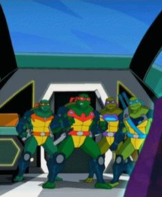 the teenage mutant ninjas are standing in front of an open space with other teenage mutant characters