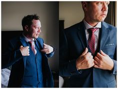 a man in a suit adjusts his tie while standing next to another man wearing a blue suit