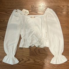 Adorable Never Worn White Blouse! Perfect Condition, Super Cute!! White Fitted Long Sleeve Peasant Top, Fitted White Peasant Top With Long Sleeves, Fitted Peasant Top For Daywear In Fall, Fitted Peasant Top For Fall Daywear, Fitted Long Sleeve Peasant Top For Day Out, Fitted Long Sleeve Peasant Top For Brunch, Fitted Long Sleeve Top For Spring Brunch, Fitted Cotton Peasant Top For Brunch, Chic Fitted Cotton Peasant Top