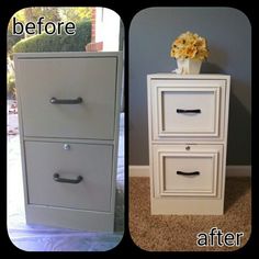 before and after photos of an old filing cabinet