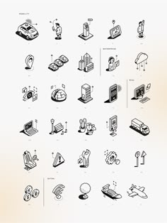 an illustrated set of various things that are in black and white