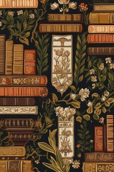 an image of a wallpaper with books and flowers on it's back ground