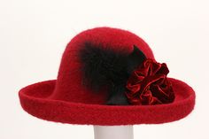 Brimmed Hat with Flower in Red: Tess McGuire: Felted Hat - Artful Home Handmade Elegant Fedora For Kentucky Derby, Elegant Red Felt Hat For Formal Occasions, Elegant Fur Felt Hat For Winter, Elegant Handmade Fedora With Short Brim, Elegant Red Fedora For Fall, Elegant Fitted Red Felt Hat, Elegant Handmade Short Brim Fedora, Elegant Fur Felt Cloche Hat For Kentucky Derby, Elegant Fur Felt Cloche Hat