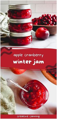 an apple cranberry winter jam recipe with text overlay