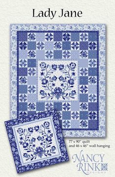 the lady jane quilt pattern is shown in blue and white