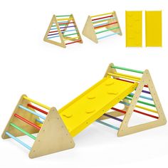 a wooden play set with three different colored bars and two sets of yellow pegs