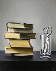 a painting of a stack of books next to a glass with a pair of scissors on it