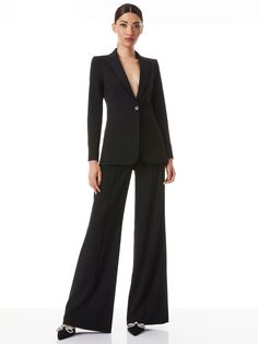 Breann Long Fitted Blazer In Black Elegant Notch Lapel Pantsuit For Night Out, Sleek Single-breasted Blazer For Office, Chic Single Button Blazer For Night Out, Evening Blazer With Notch Lapel And Double Button, Chic Formal Blazer With Pressed Crease, Chic Tailored Blazer For Formal Occasions, Sleek Single Button Blazer For Business Casual, Sleek Notched Suit For Office Wear, Sleek Notched Suits For Office Wear