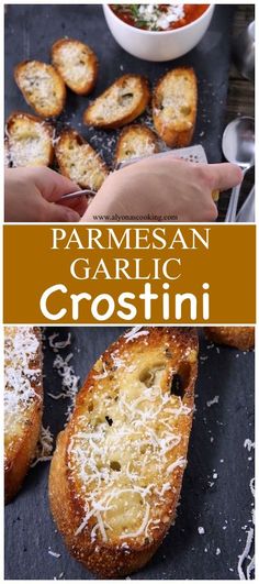 homemade parmesan garlic crostini is an easy appetizer that can be made in less than 10 minutes